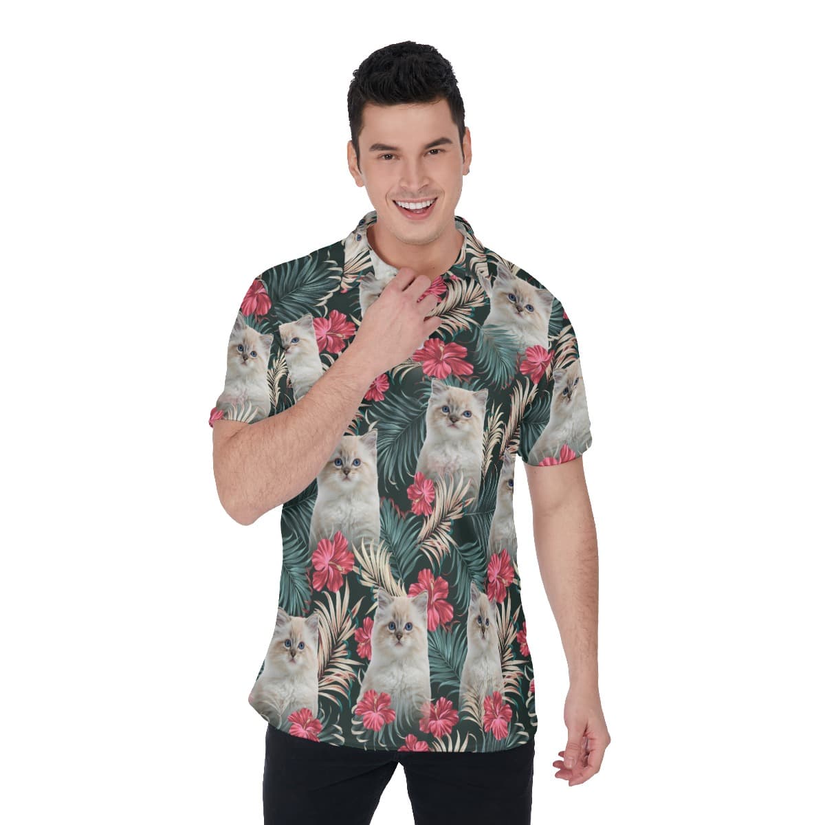 Personalized Cat Face Hawaiian Polo Shirt (1)
