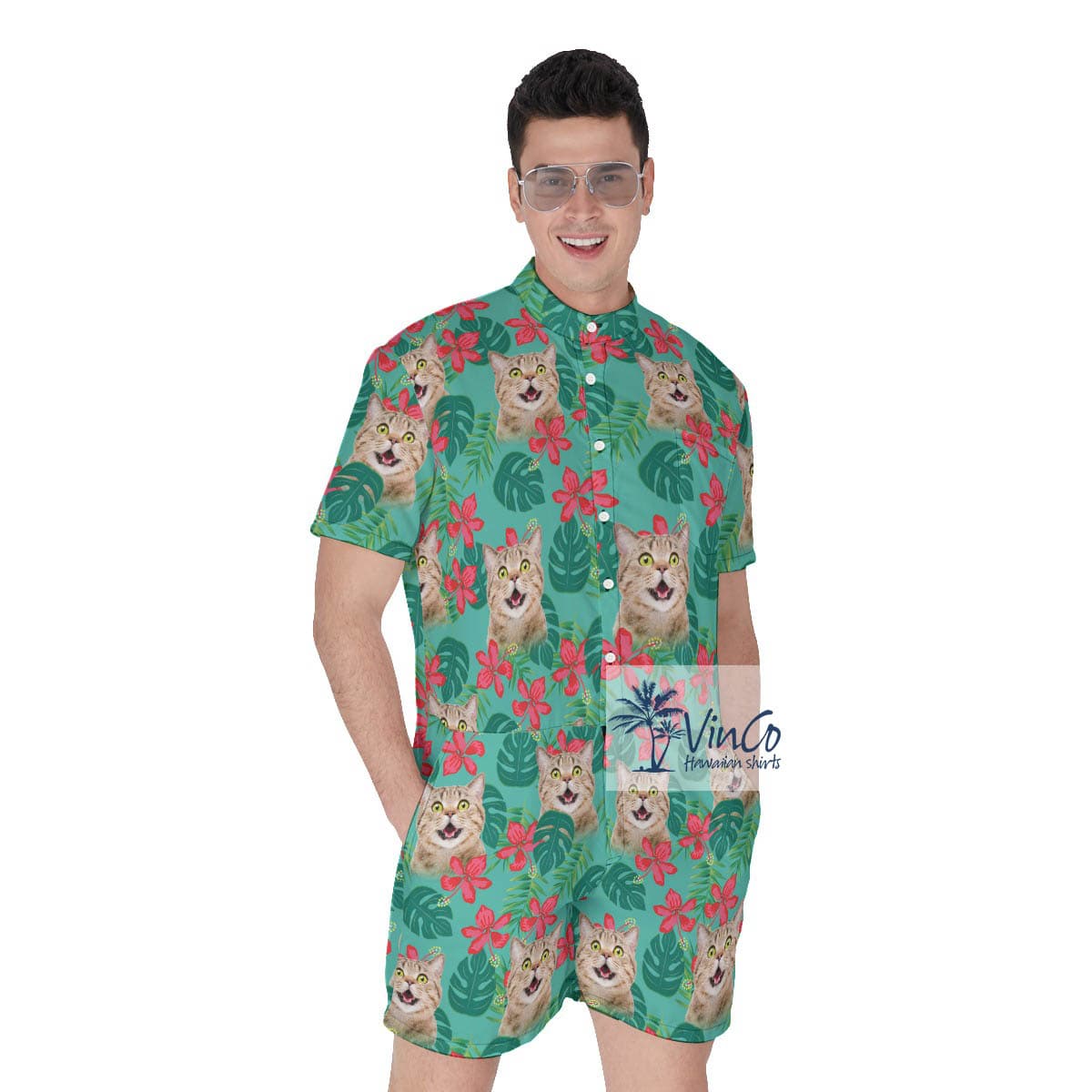 Personalized Custom Cat Faces Hawaiian Romper For Men (2)