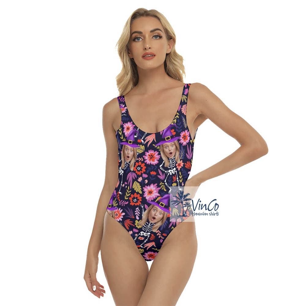 Personalized Face Witches Halloween Hawaiian Swimsuit For Women (2)