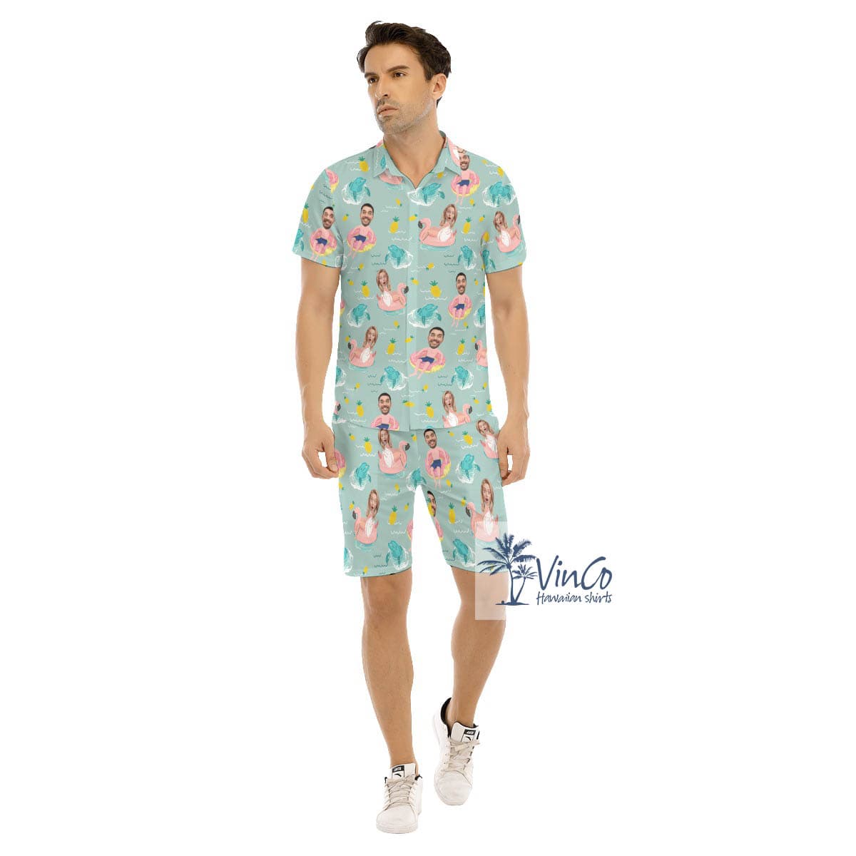 Personalized Faces Couple Swimming Aloha Shirt Set For Men (2)