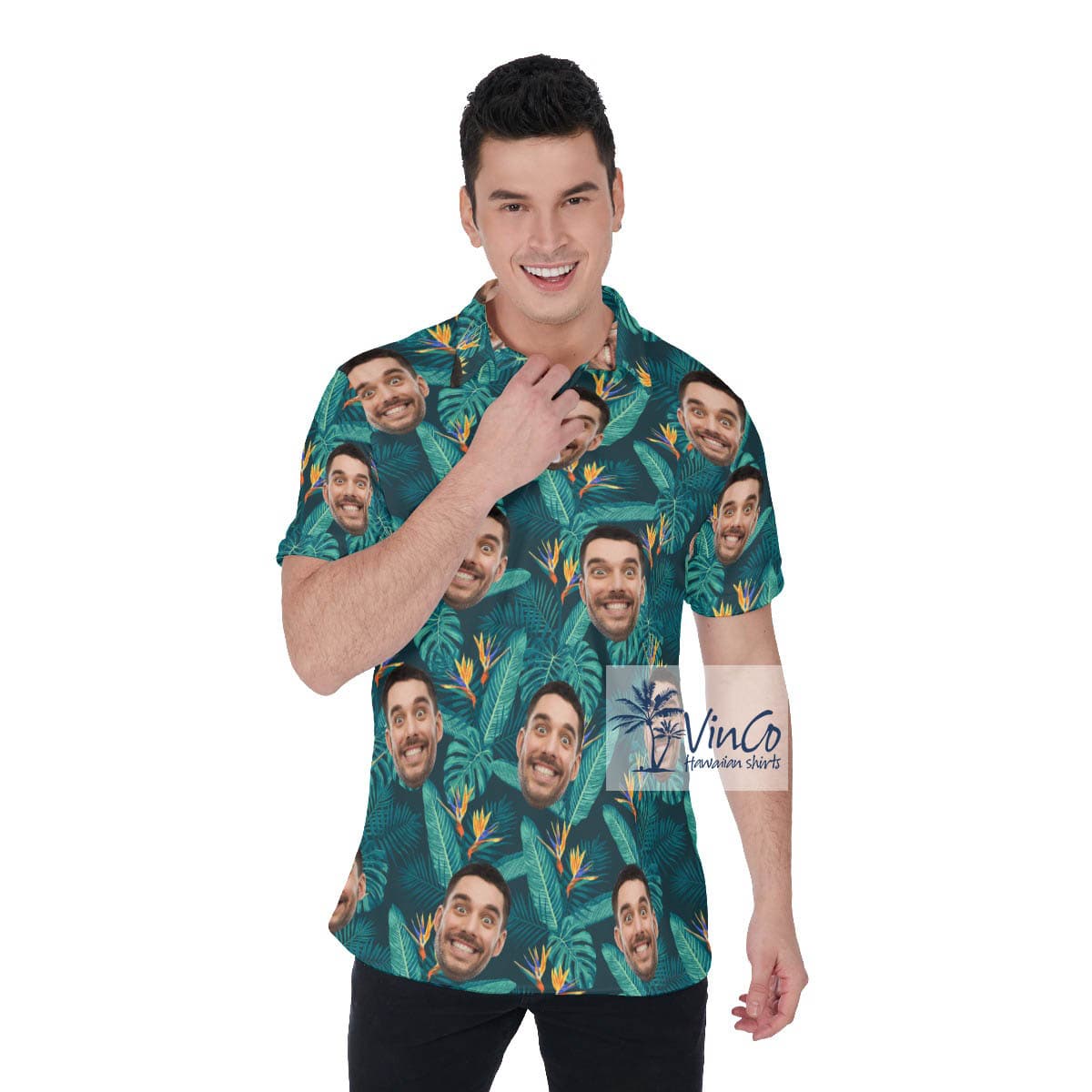 Multiple Faces Printed on Green Tropical Polo shirts