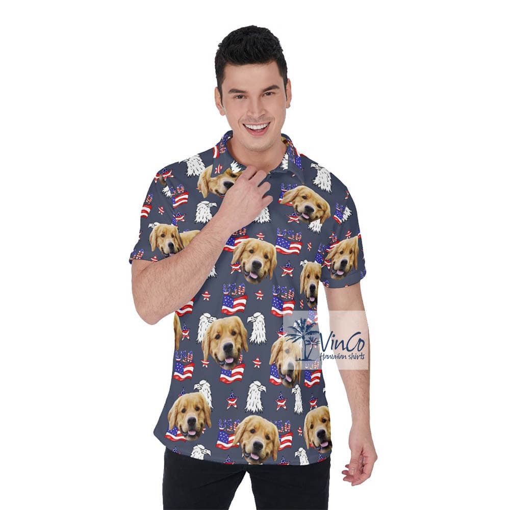 Personalized Navy Patriotic Hawaiian Golf Shirt With Dog Faces (2)