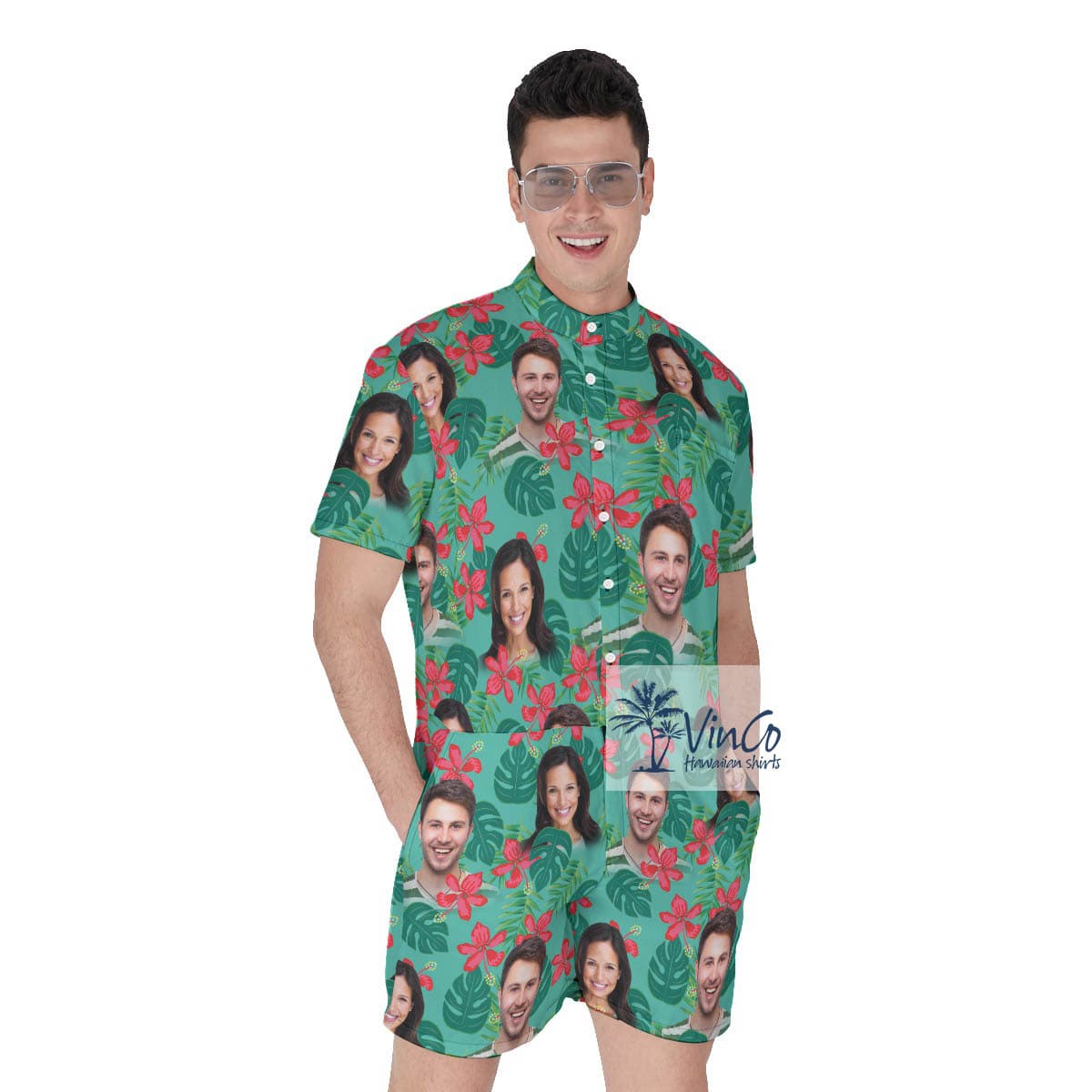 Personalized Photo Couple Faces Floral Summer Romper For Men (4)