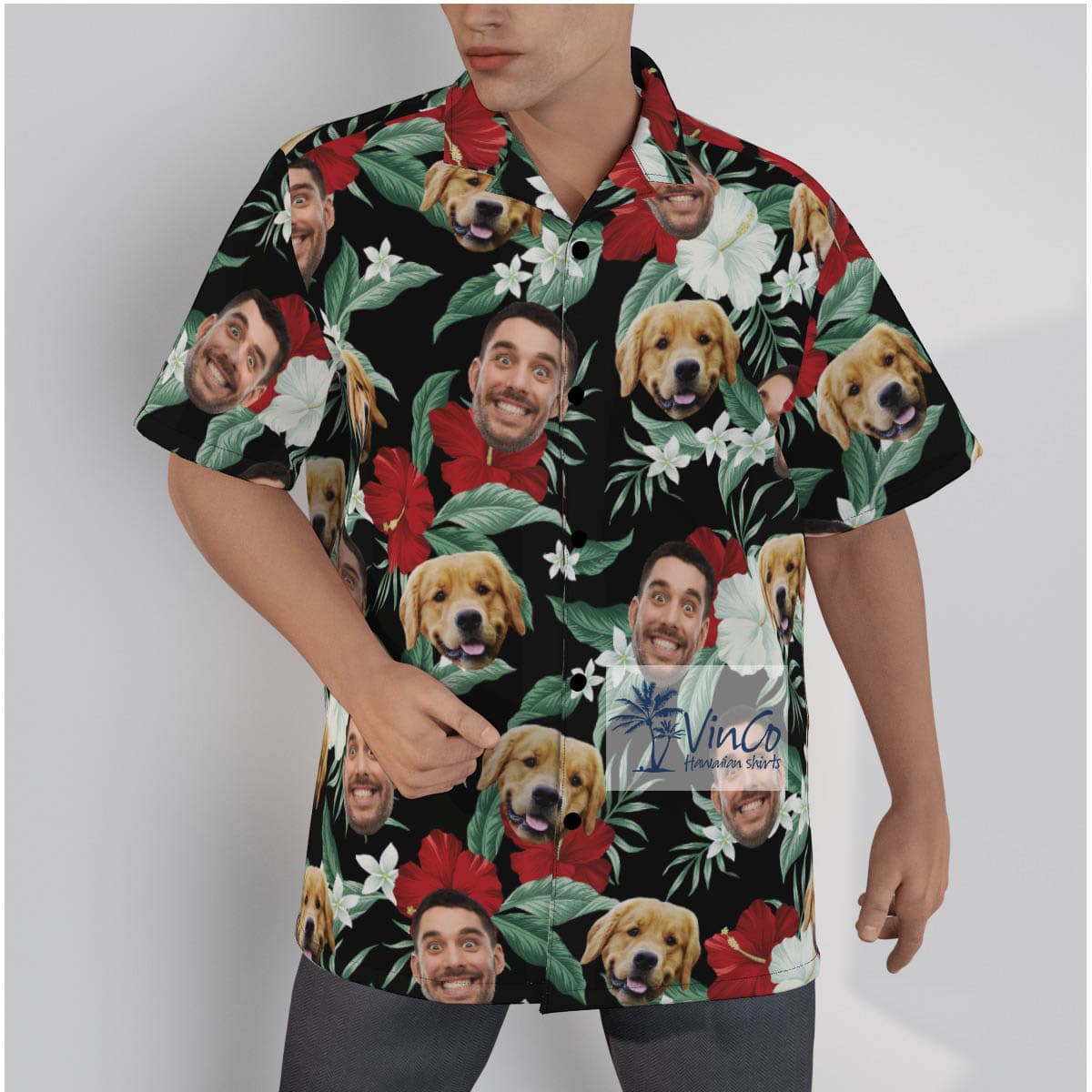 Personalized Photo Pet Face Hawaiian Button Up Shirt For men (3)