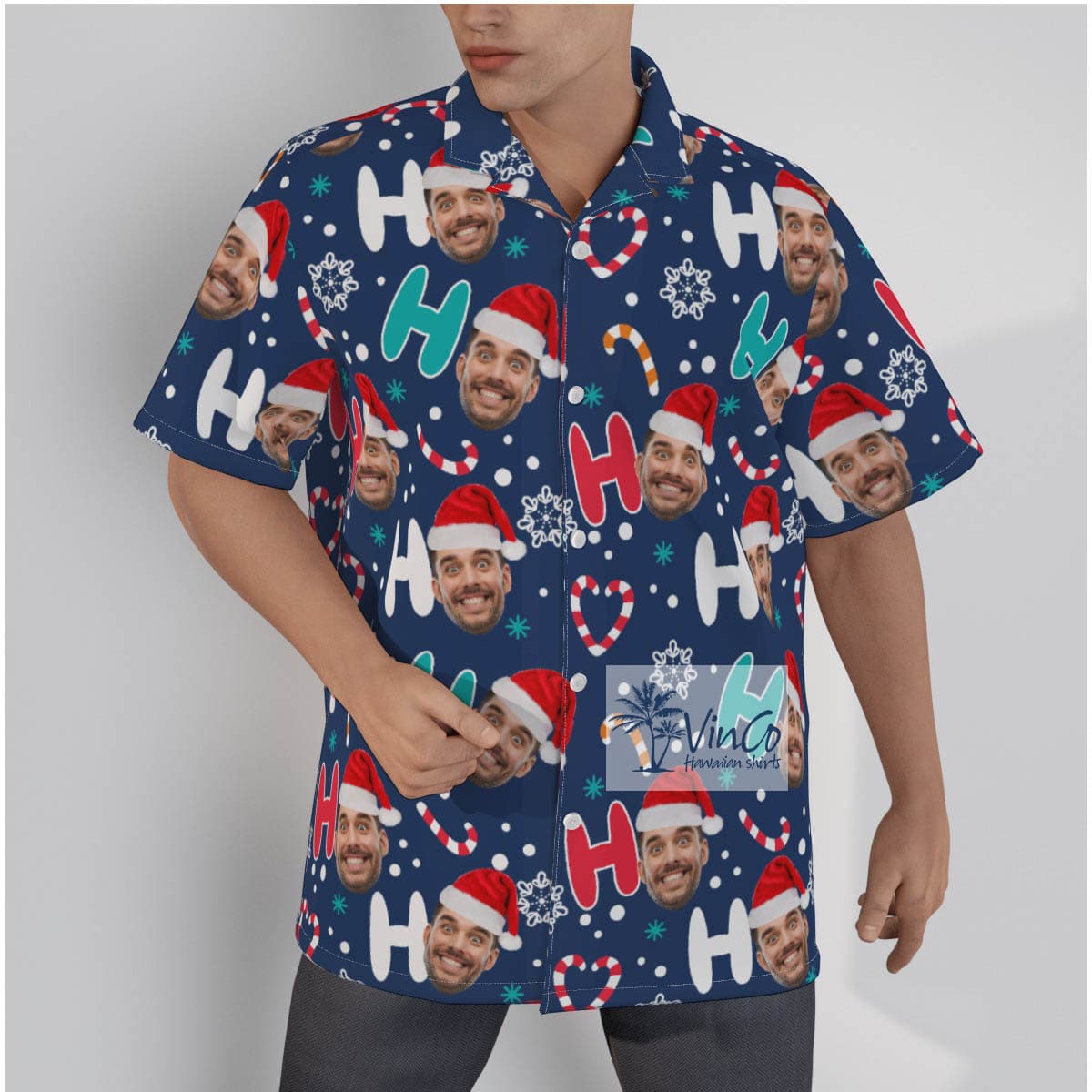 Personalized Santa Face HO HO HO Christmas Shirt Aloha Print For Men (2)