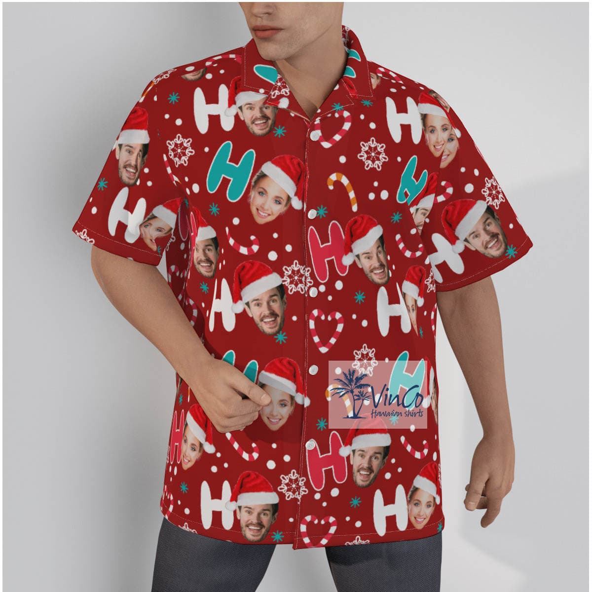 Personalized Santa Faces Ho Ho Ho Christmas Hawaiian Button Up Shirt (2)