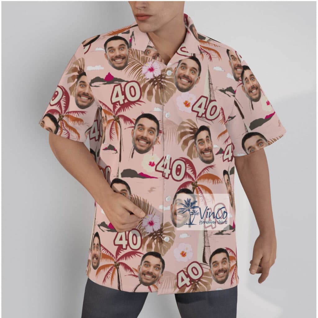 Pink Tropical Palm Trees Custom Face And Age Birthday Hawaiian Shirt