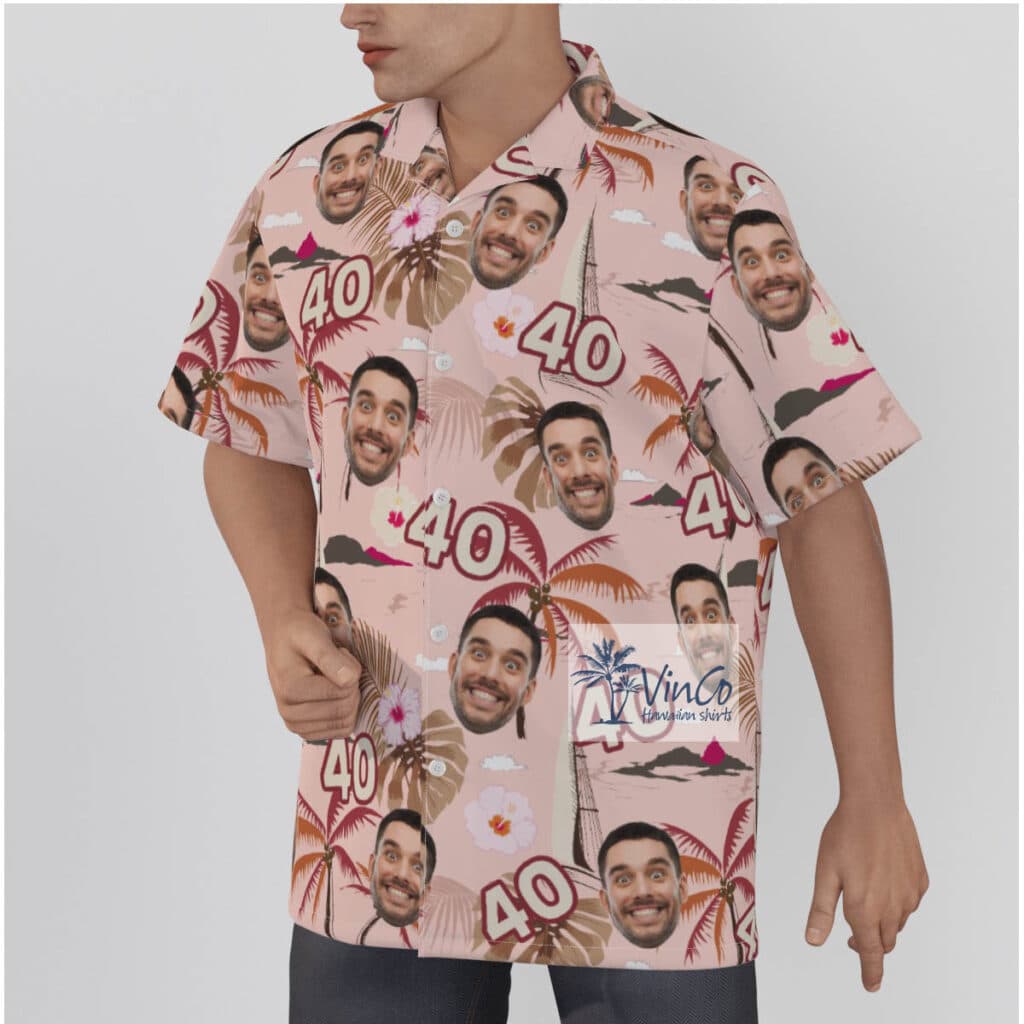 Pink Tropical Palm Trees Custom Face And Age Birthday Hawaiian Shirt
