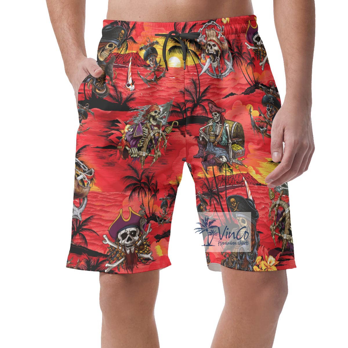 Pirate Skeleton Tropical Red Summer Shorts For Men