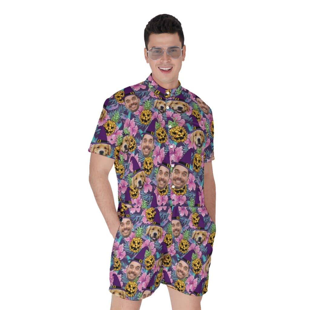 Purple Custom Face Witches Halloween Tropical Romper (1)