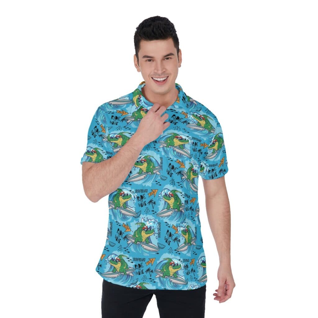 Ride The Wave Crocodiles Blue Hawaiian Polo Shirt