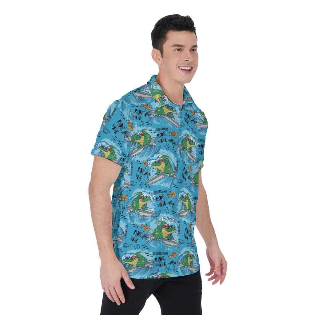 Ride The Wave Crocodiles Blue Hawaiian Polo Shirt