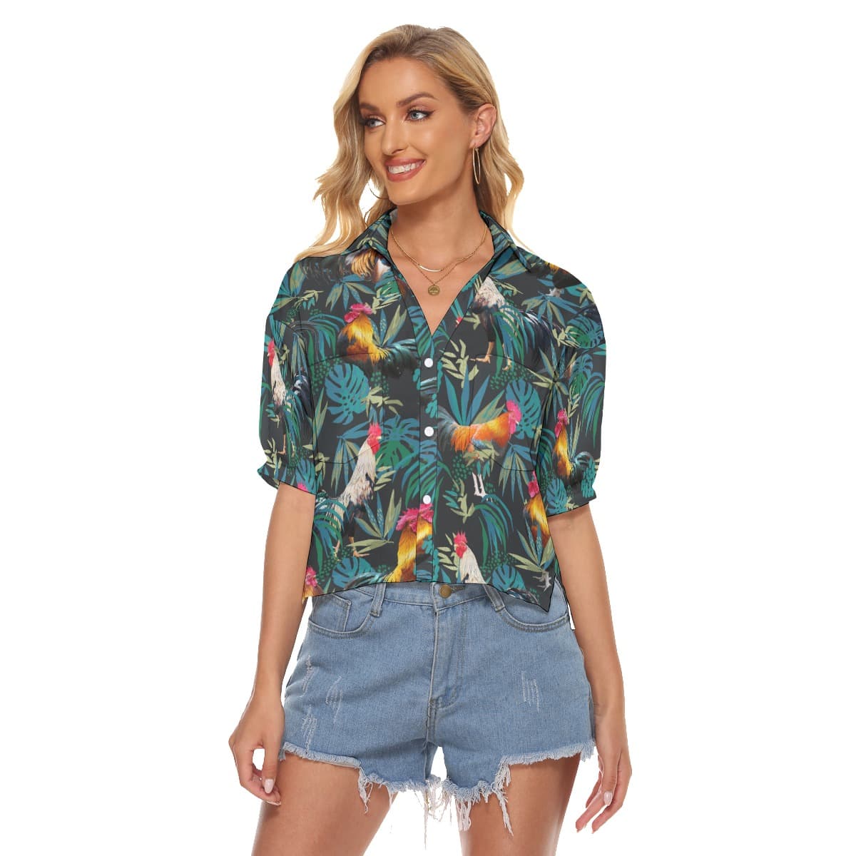 Rooster Tropical Hawaiian Cropped Shirt For Women (1)