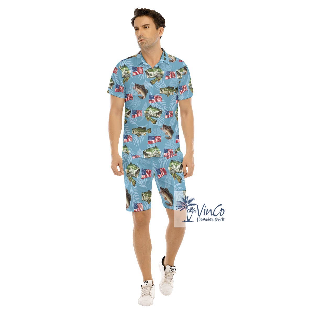 Set American Flag Fish Blue Hawaiian Shirt And Matching Shorts For Men (4)