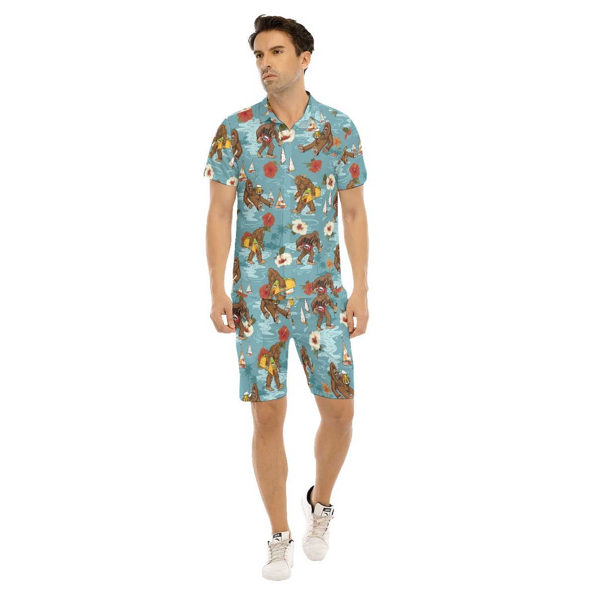 Set Bigfoot Beer Hibiscus Blue Hawaiian Shirt And Matching Shorts For Men
