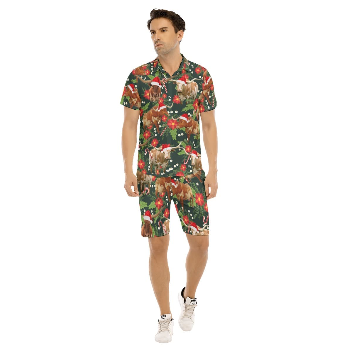 Set Christmas Cow Tropical Hawaiian Shirt And Matching Shorts For Men (4)