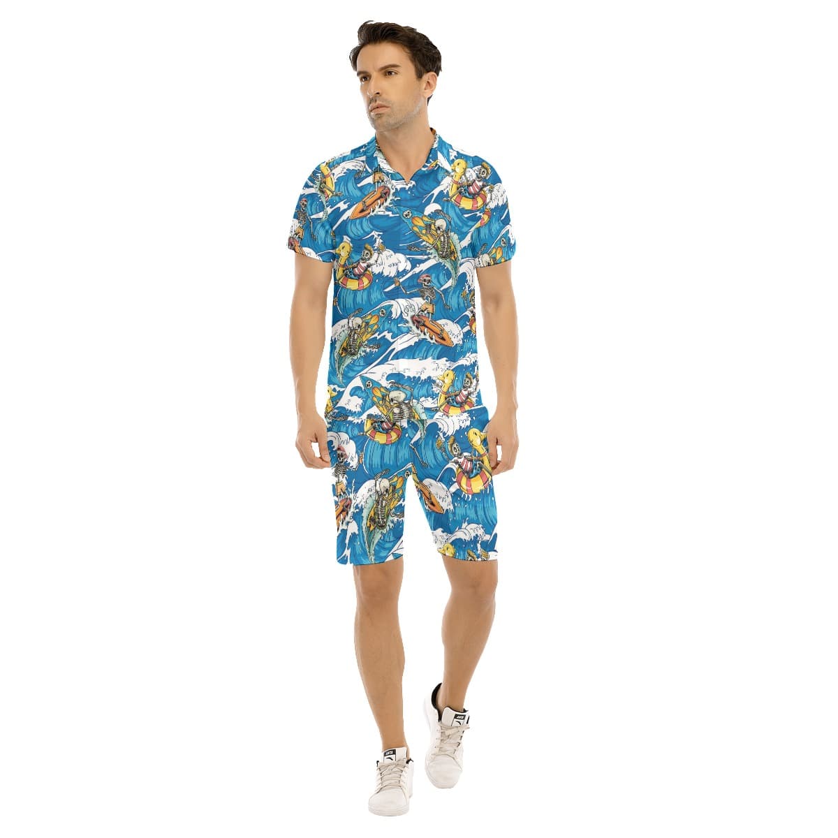 Set Skeleton Surfing Blue Hawaiian Shirt And Matching Shorts For Men (1)
