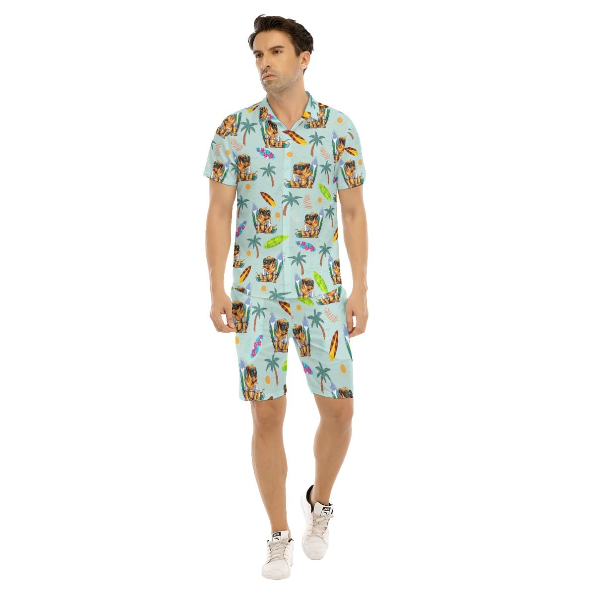 Set Tropical Bulldog Surfing Boards Hawaiian Shirt And Matching Shorts For Men (1)