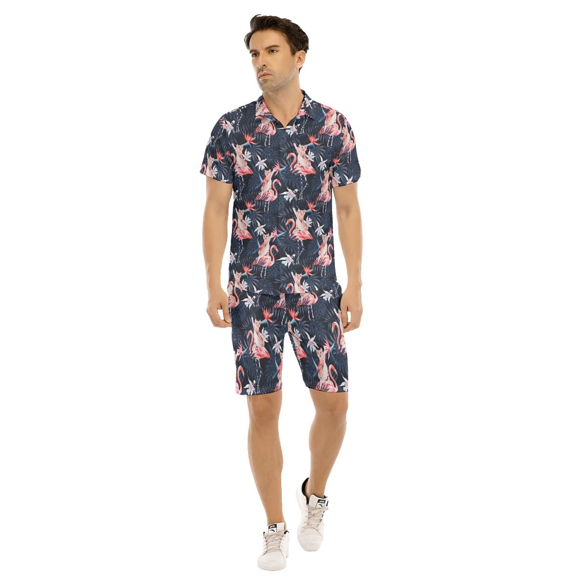 Set Tropical Flamingo And Cat Hawaiian Shirt And Shorts For Men (1)