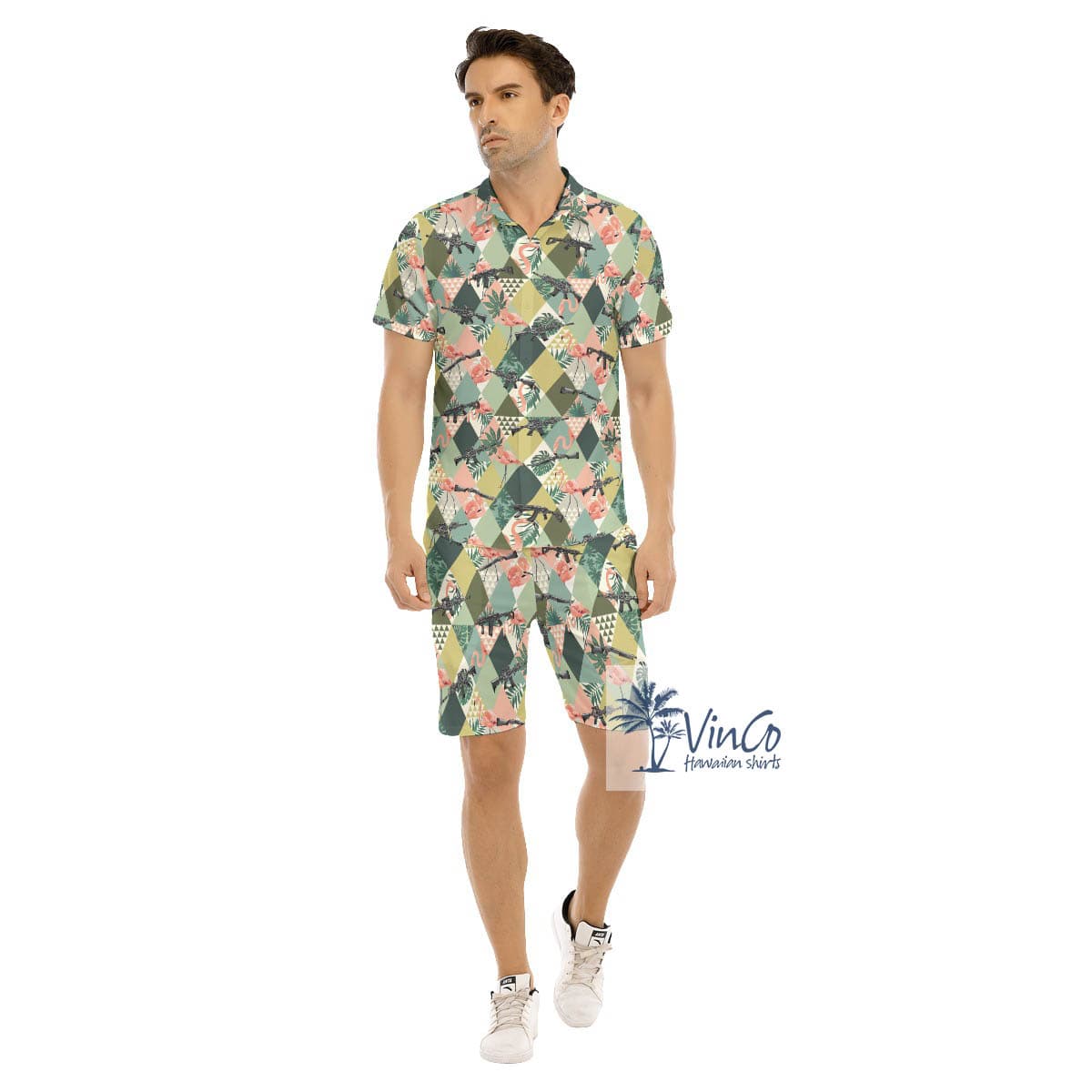Set Tropical Flamingo Gun Hawaiian Shirt And Shorts For Men