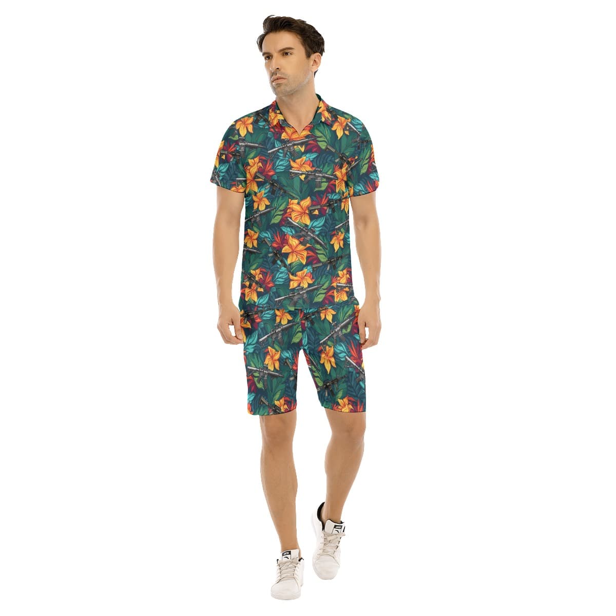 Set Tropical Hibiscus Gun Hawaiian Shirt And Matching Shorts For Men