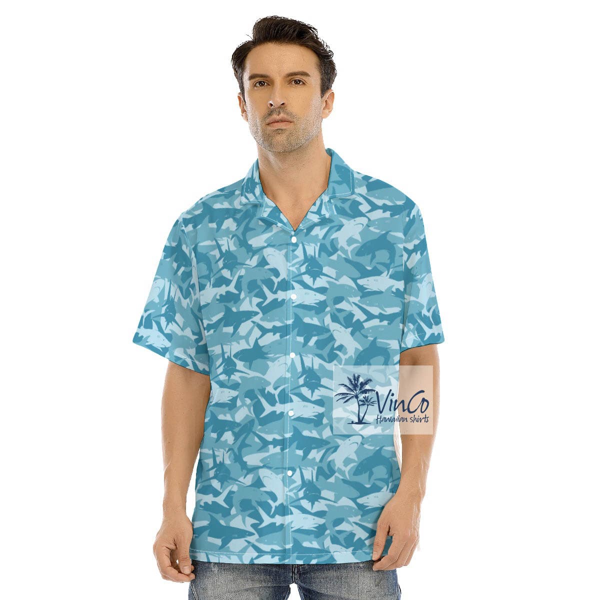Shark Print Hawaiian Button Up Shirt For Men (2)