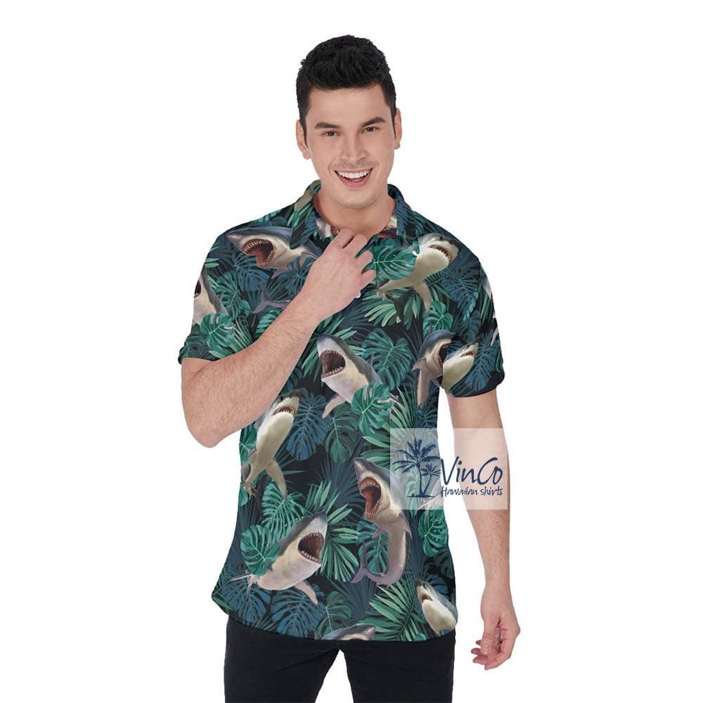 Shark Print Hawaiian Polo Shirt For Men (2)