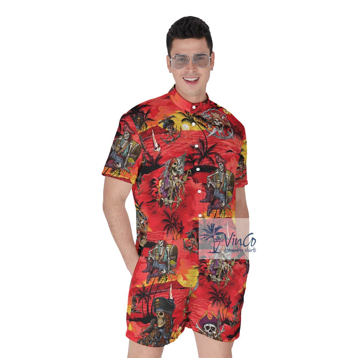 Skeleton Pirate Tropical Red Summer Romper