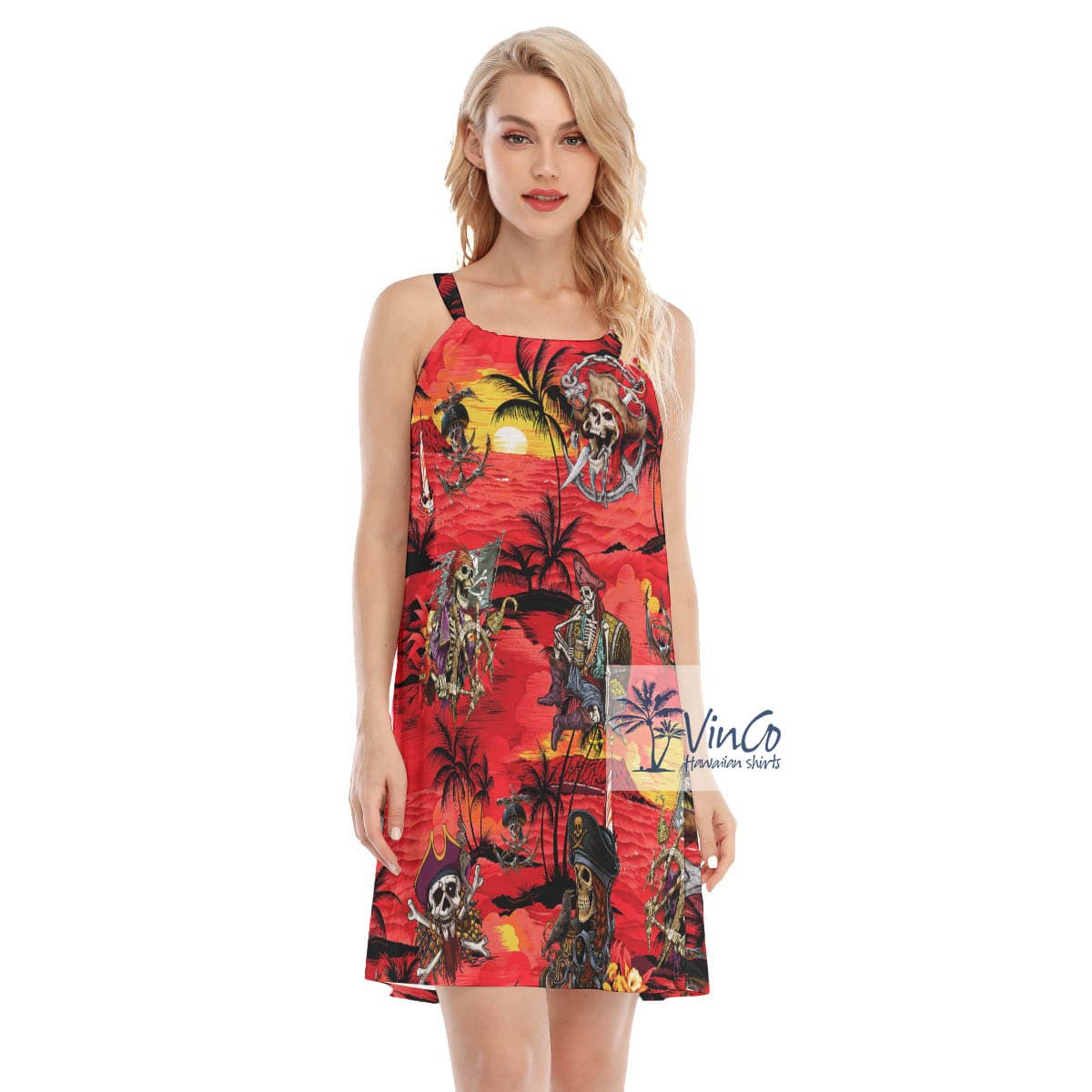 Skeleton Pirate Tropical Sunset Beach Cami Dress For Women (2)