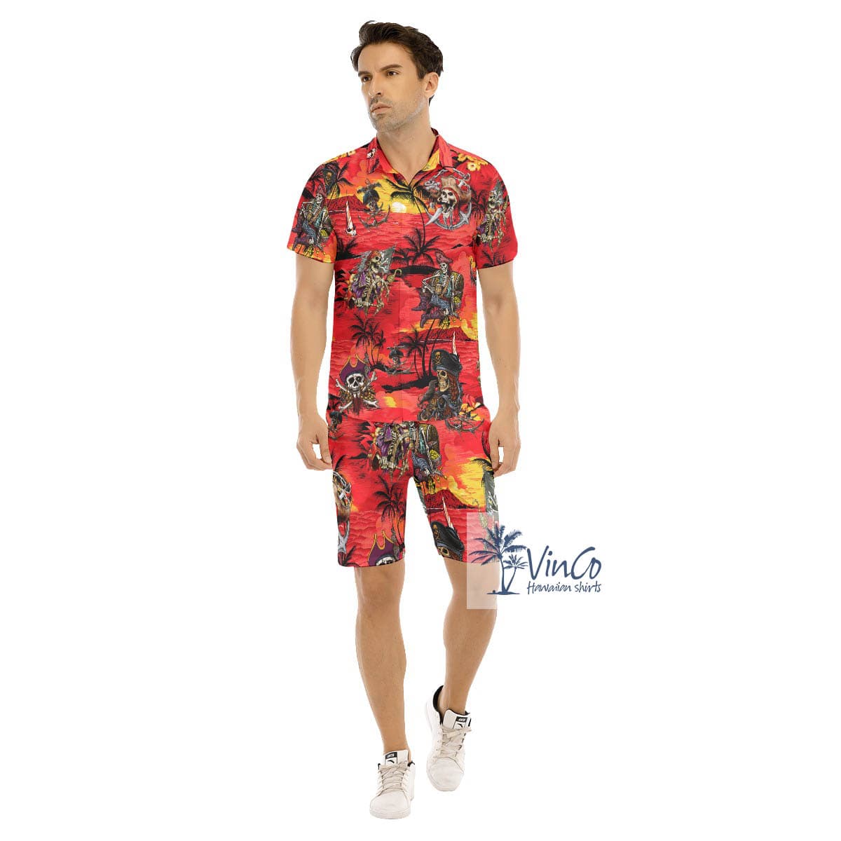 Skeleton Pirate Tropical Sunset Beach Hawaiian Shirt And Matching Shorts For Men