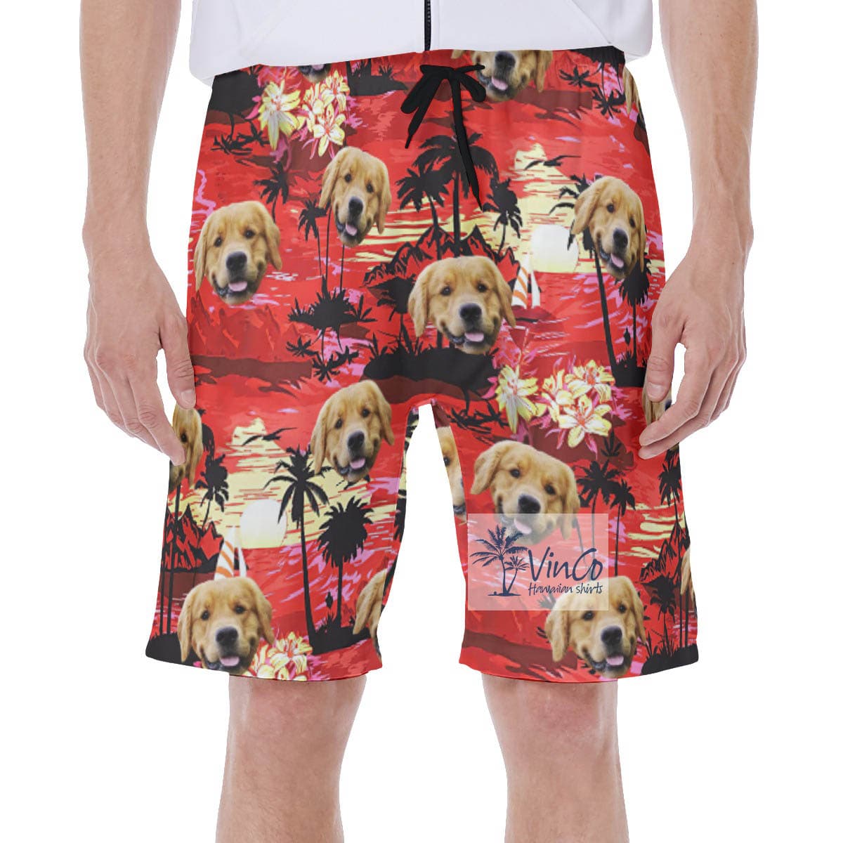 Sunset Beach Red Hawaiian Swim Trunks With Custom Dog Face