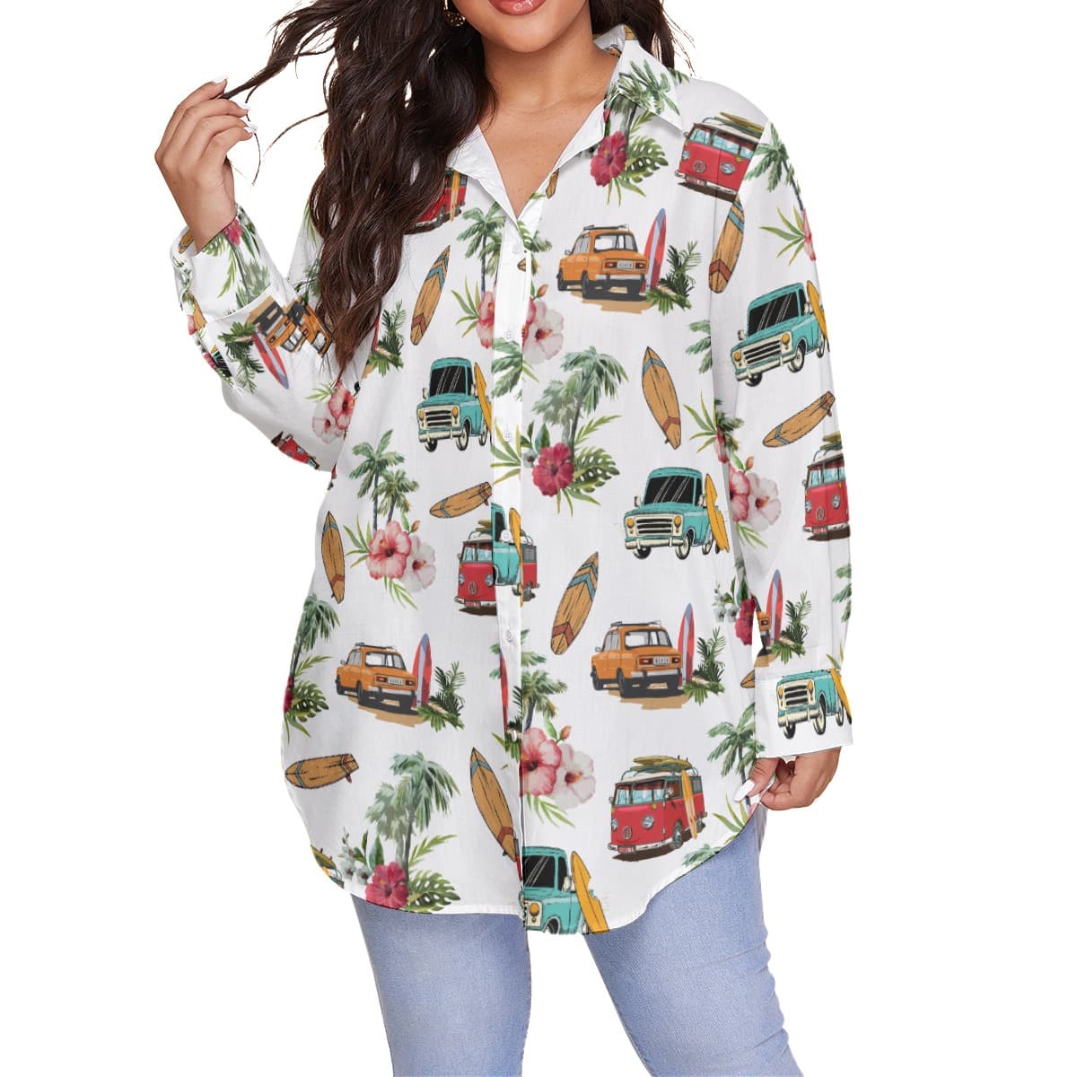 Surfing Boards And Cars Tropical White Hawaiian Plus Size Shirt