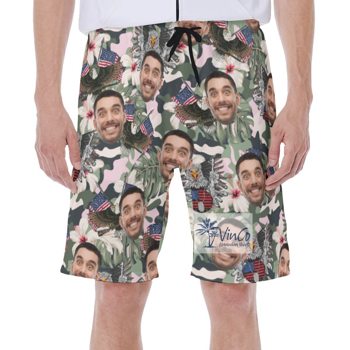 Tactical American Eagle Hibiscus Hawaiian Swim Trunks With Custom Face
