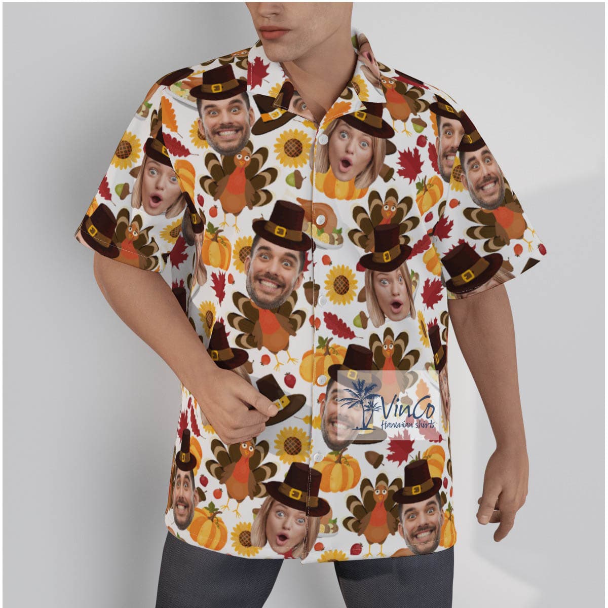 Thanksgiving Turkey Custom Couple Faces Hawaiian Shirt