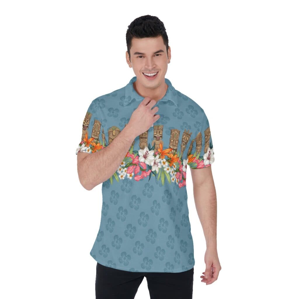 Tiki Vintage Floral Blue Hawaiian Polo Shirt For Men