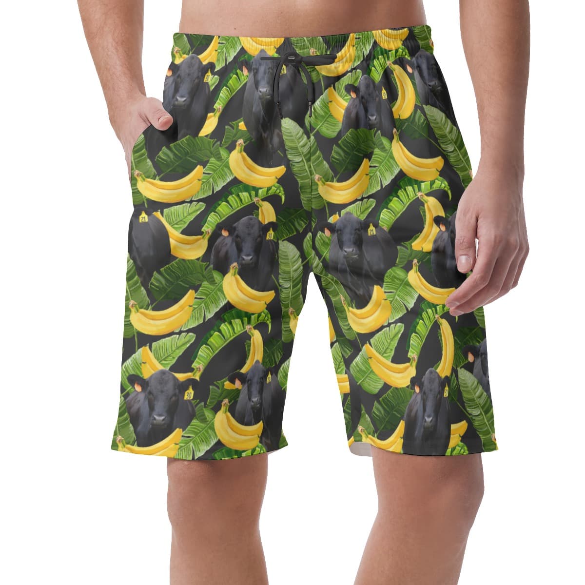 Tropical Banana Black Cow Hawaiian Beach Shorts For Men