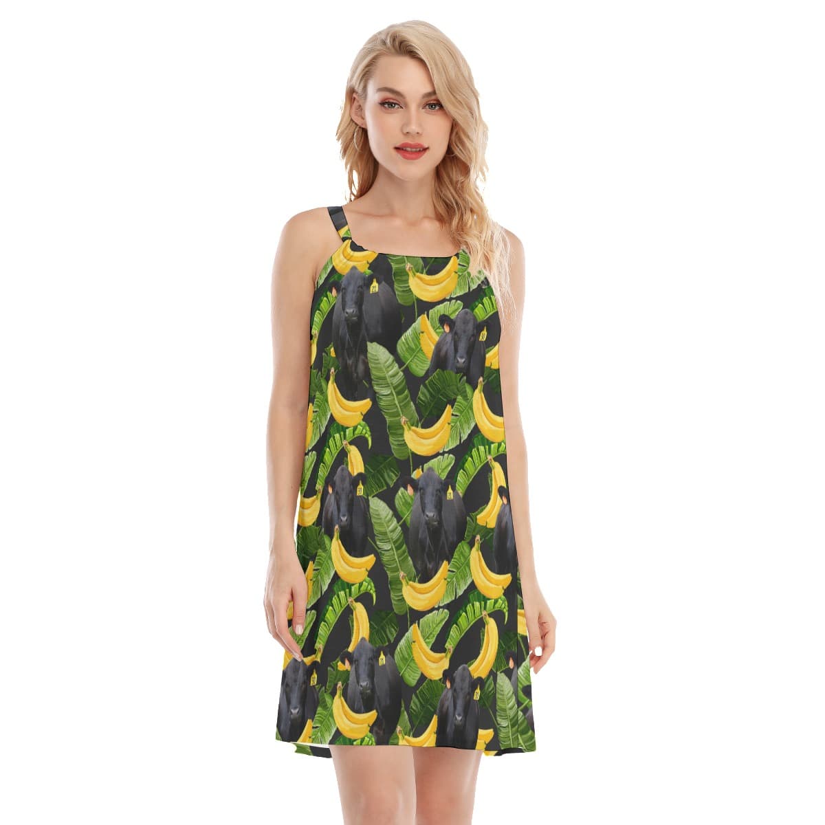 Tropical Banana Black Cow Hawaiian Cami Dress For Women (1)