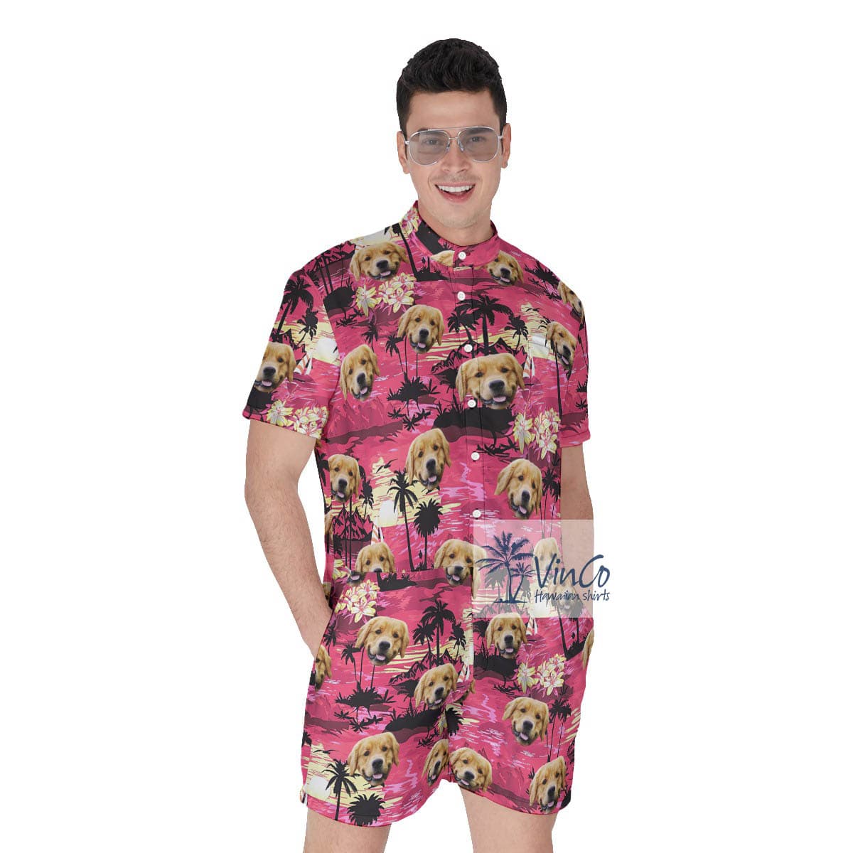 Tropical Beach Sunset Time Custom Dog Face Hawaiian Romper For Men