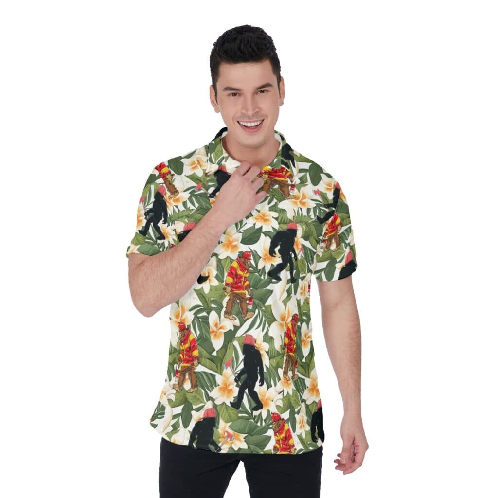 Tropical Bigfoot Firefighter Hawaiian Polo Shirt For Men