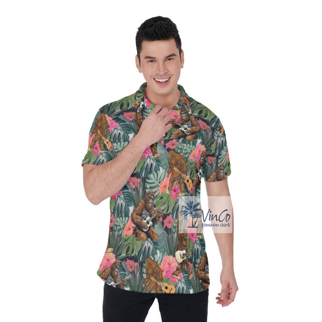 Tropical Bigfoot Guitar Hawaiian Polo Shirt For Men