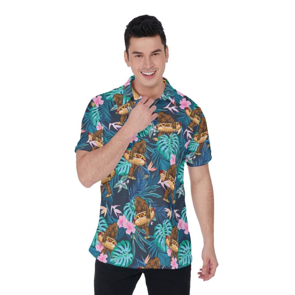 Tropical Bigfoot Hot Dog Hawaiian Polo Shirt For Men