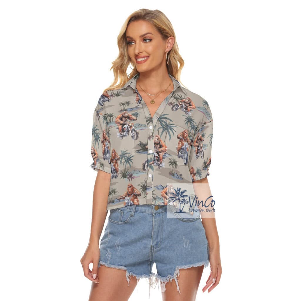 Tropical Bigfoot Motorcycle Hawaiian Cropped Shirt For Women