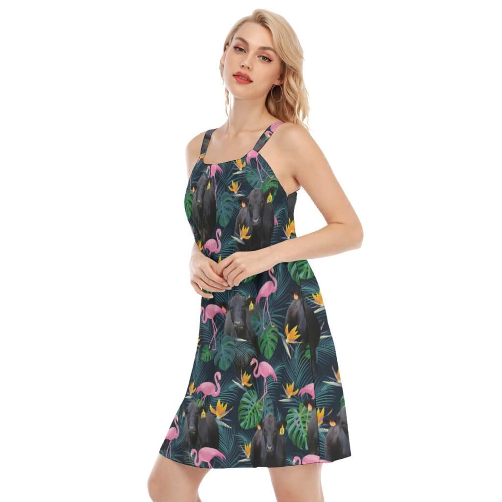 Tropical Black Cow Flamingo Hawaiian Dress
