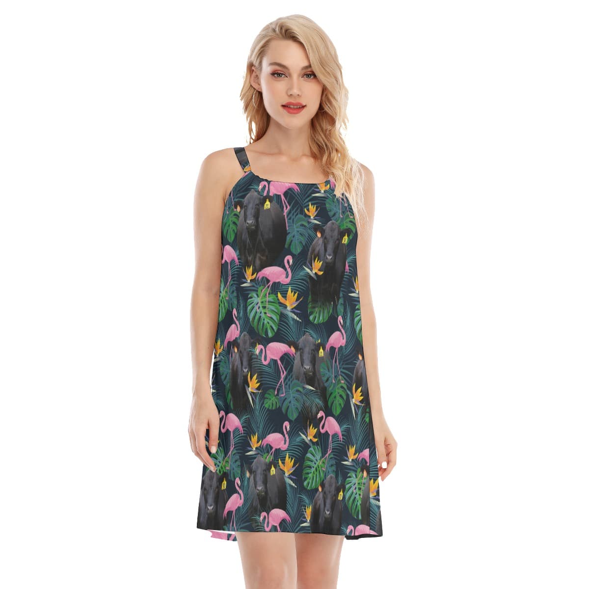 Tropical Black Cow Flamingo Hawaiian Dress (4)
