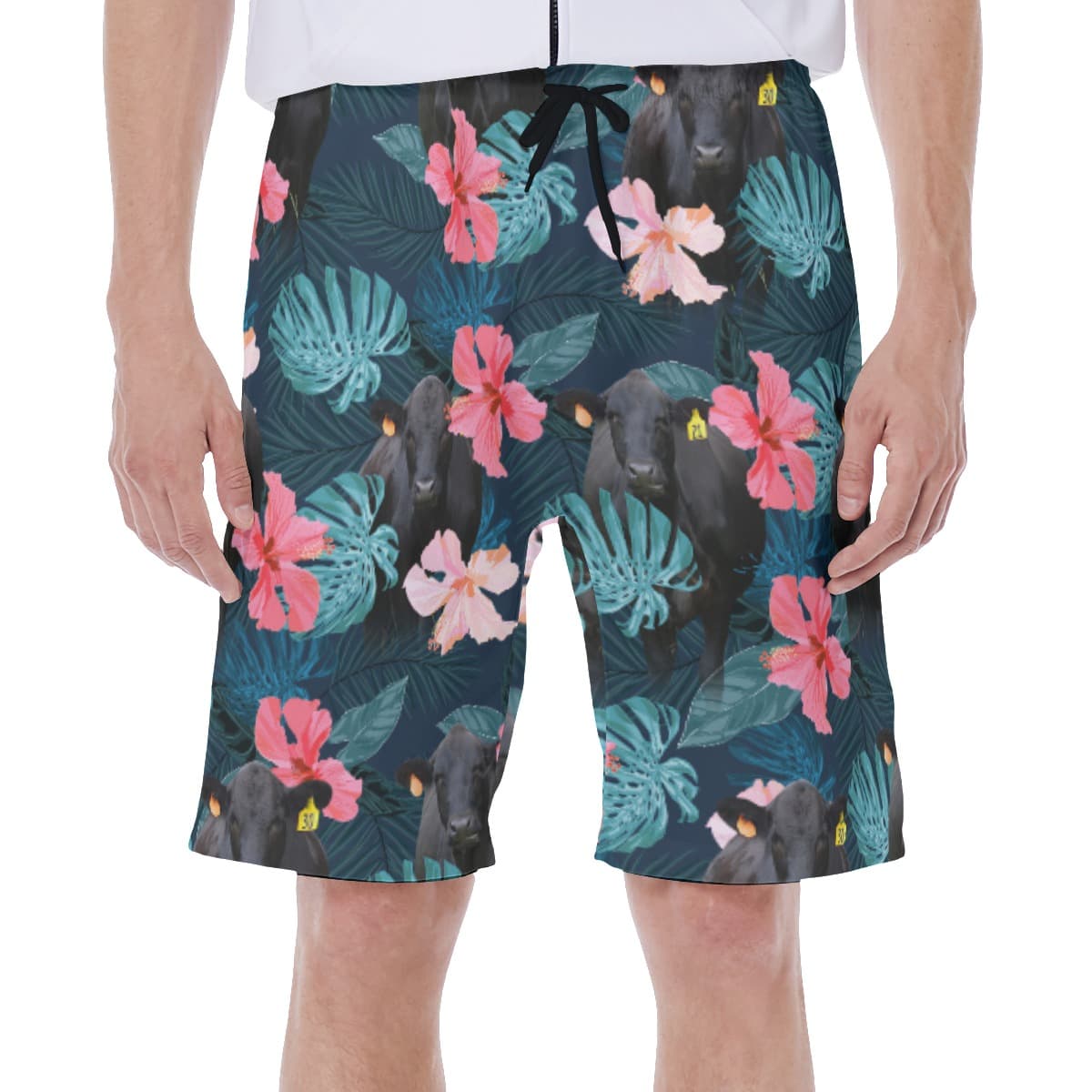 Tropical Black Cow Hibiscus Hawaiian Swim Trunks For Men