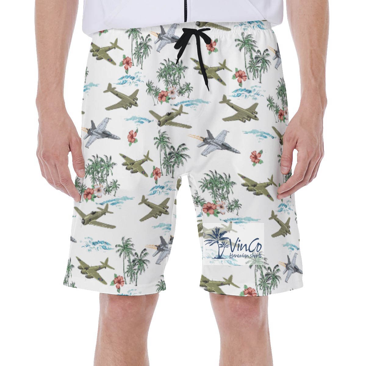 Tropical Bomber Airplanes Hibiscus Hawaiian Swim Trunks