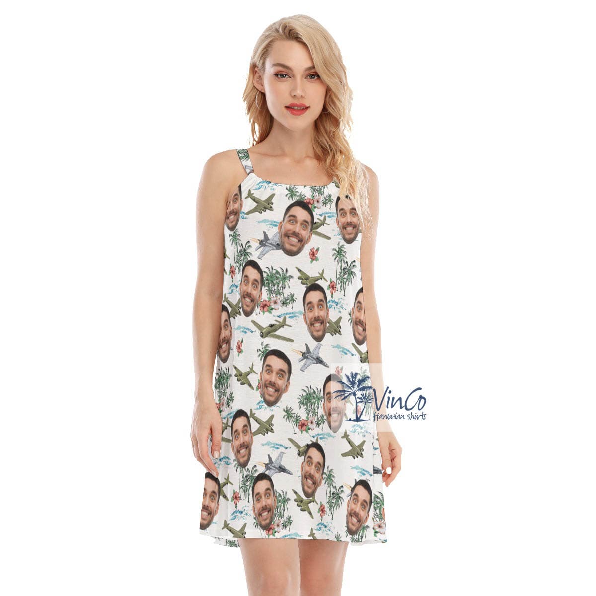 Tropical Bomber Planes Hawaiian Dress With Custom Face