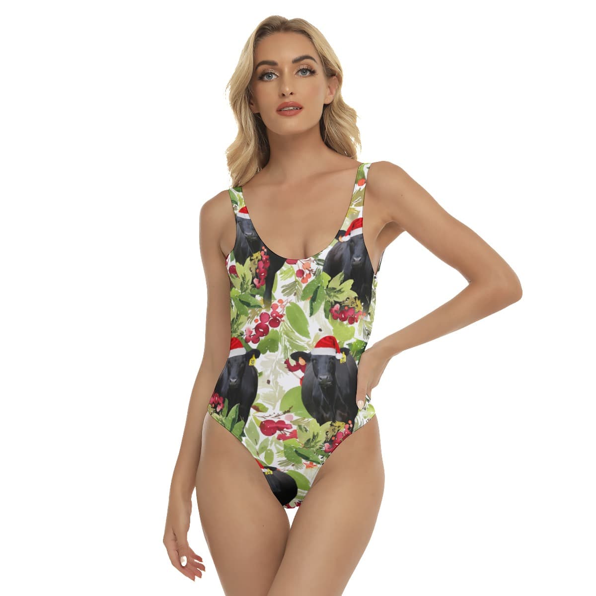 Tropical Christmas Black Angus Cow Hawaiian Swimsuit For Women (4)