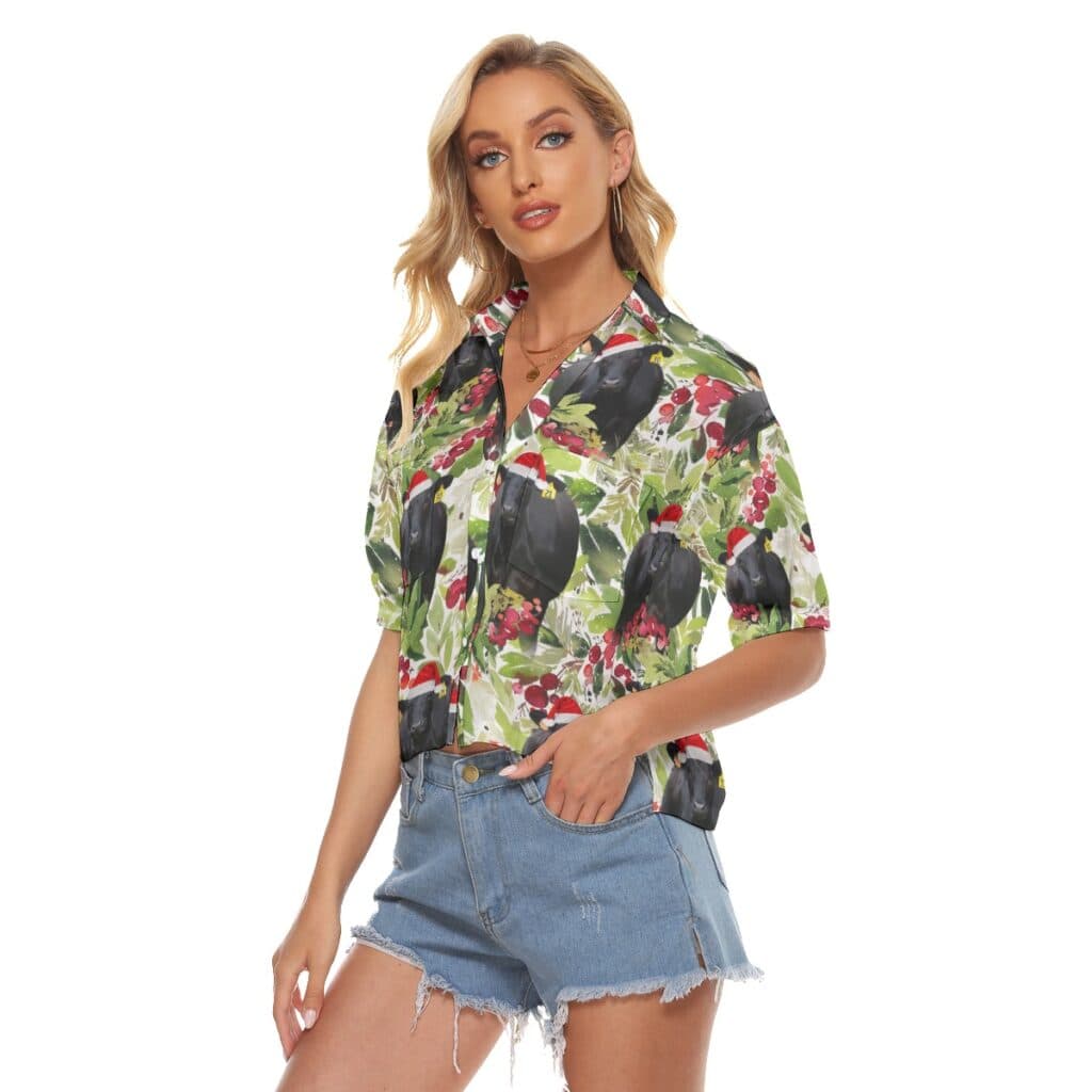 Tropical Christmas Black Cow Hawaiian Crop Top Shirt For Women