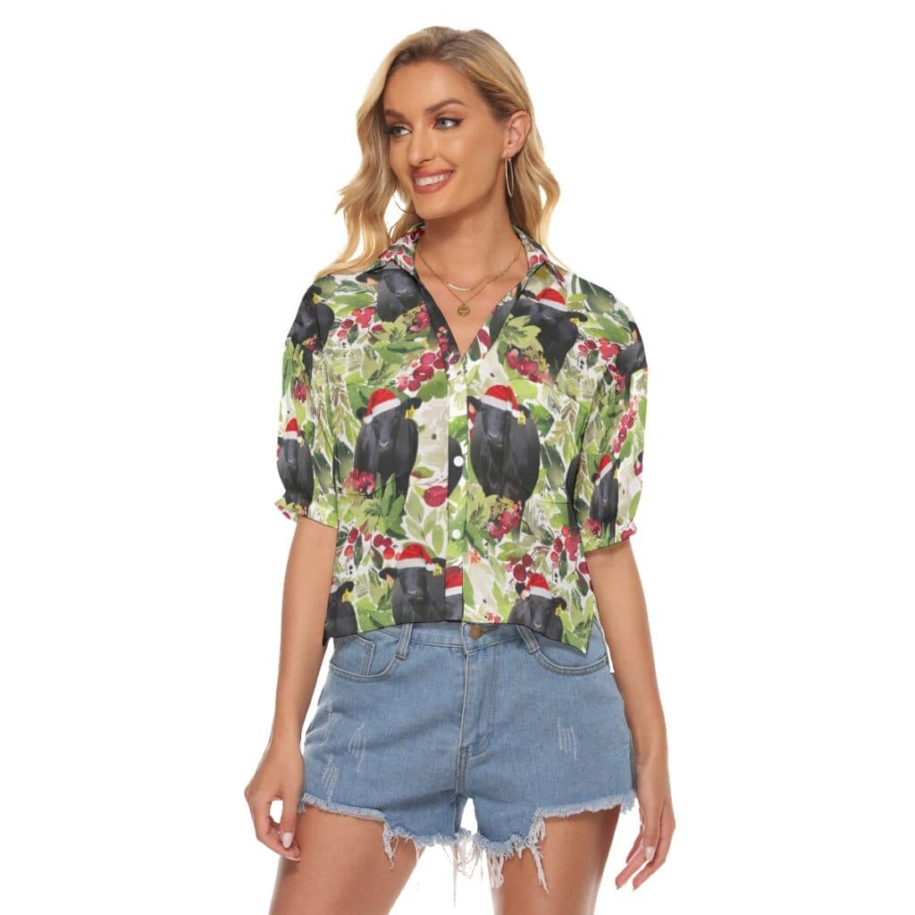 Tropical Christmas Black Cow Hawaiian Crop Top Shirt For Women